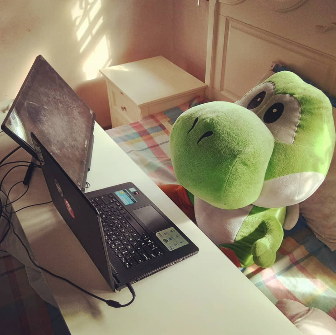 yoshi working from the bed