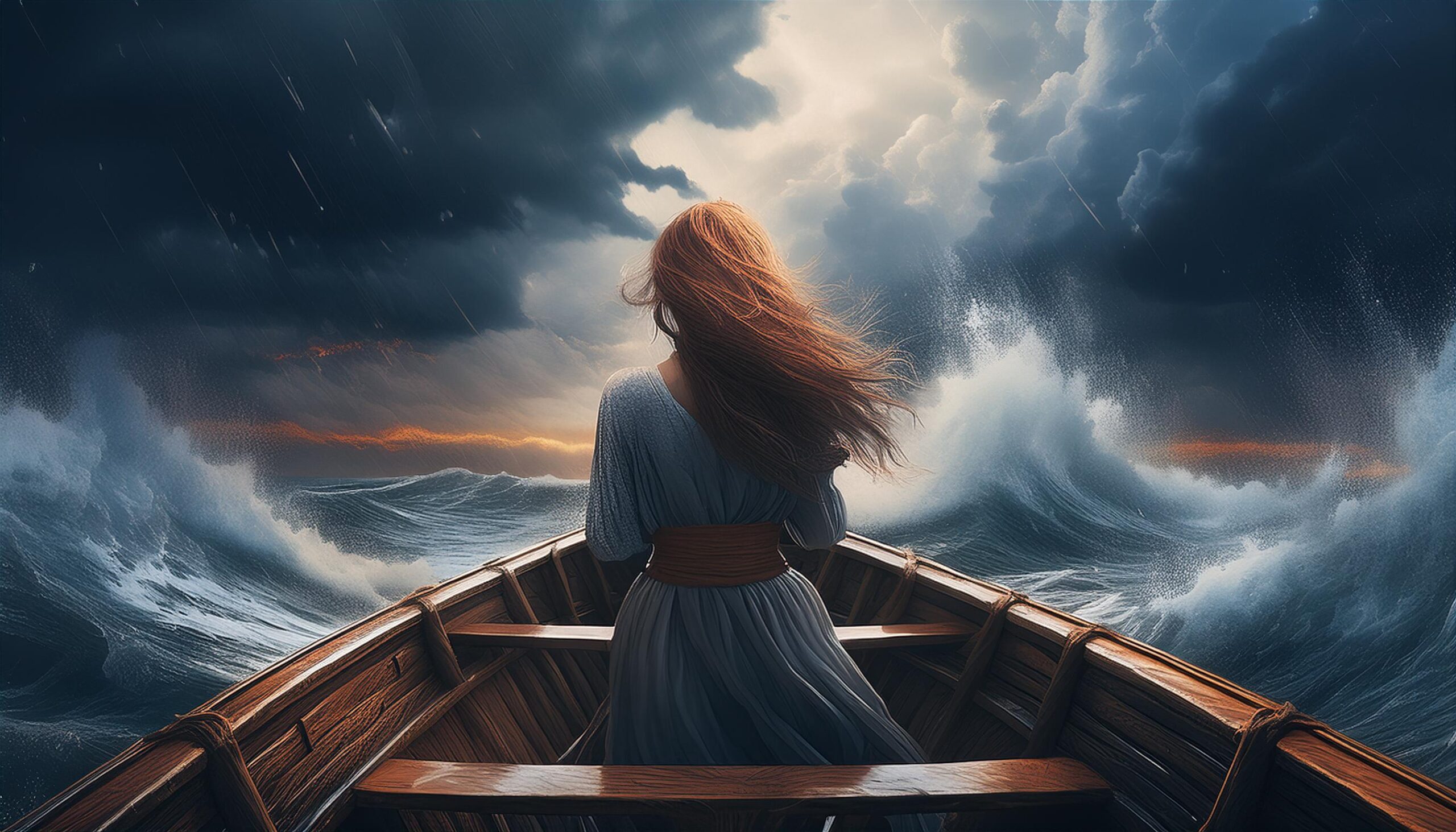 boat in a storm with a woman braving the storm facing front