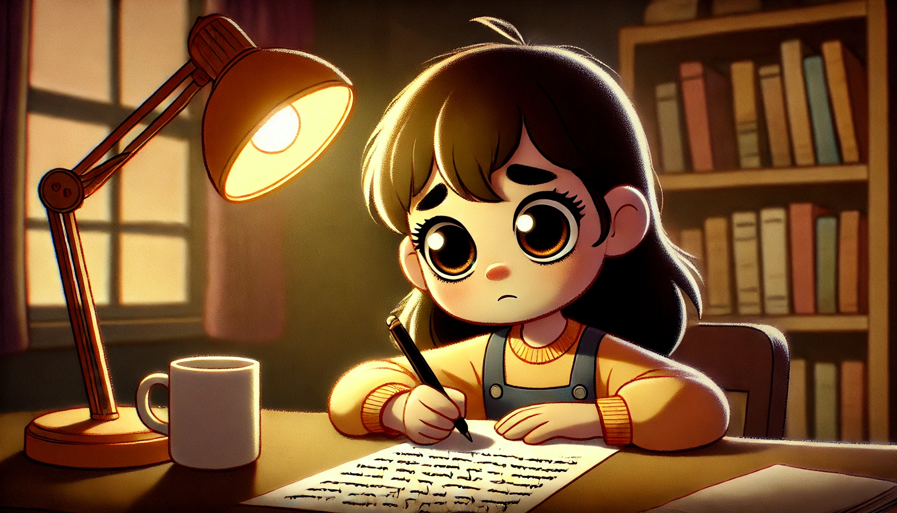 cartoon style scene of a young girl sitting at a desk writing thoughts onto paper with a sad and reflective expression